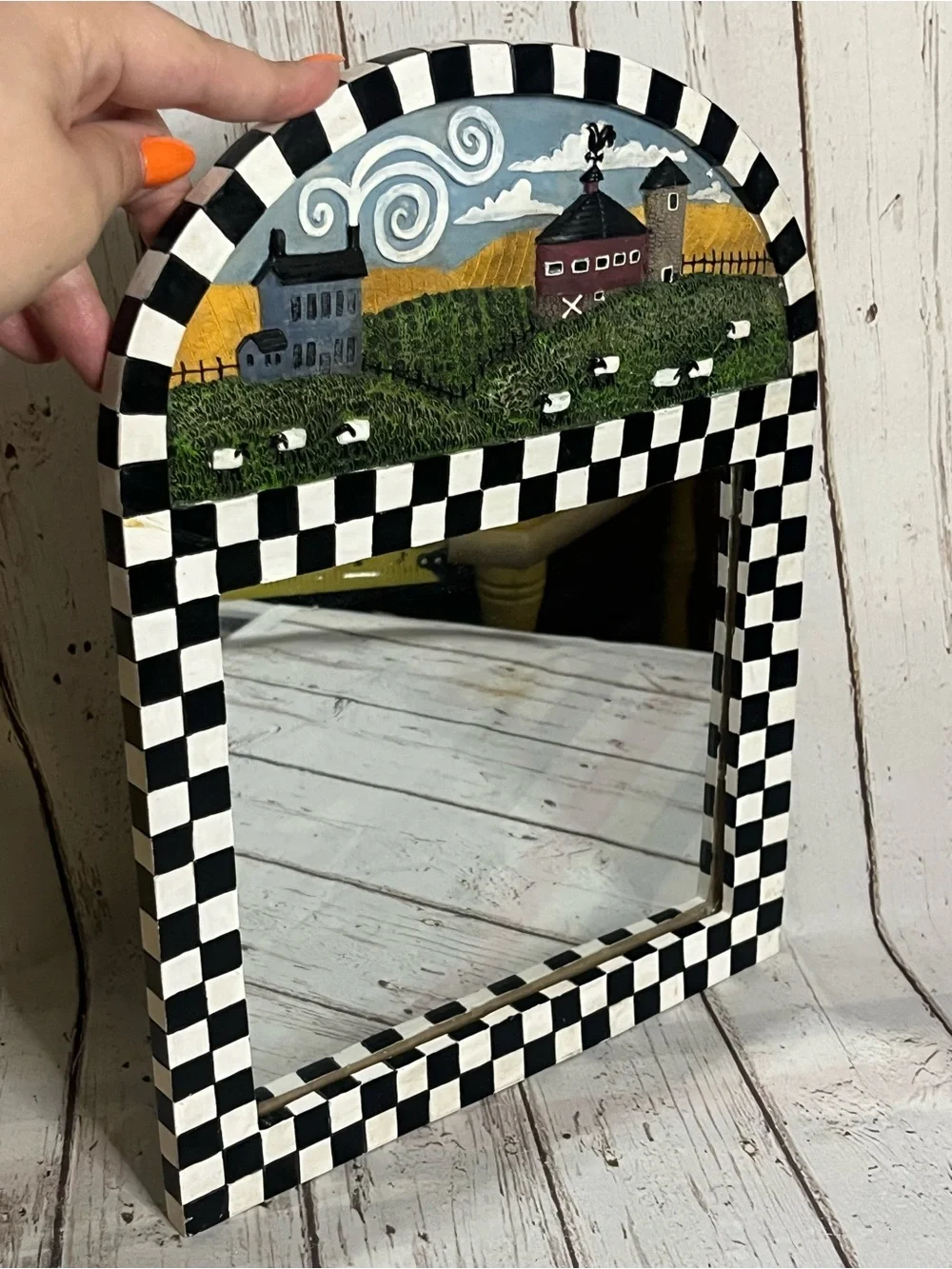 Arched Farmhouse Scene Black and White Checkered Wall Mirror